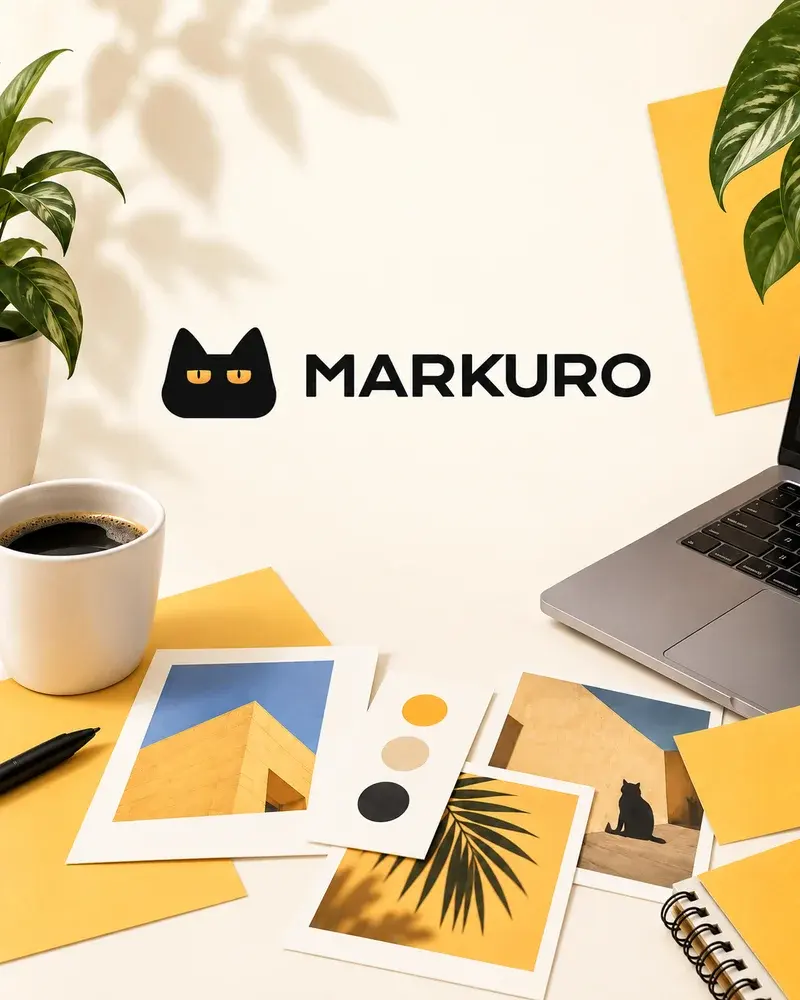 Markuro cat logo above campaign moodboards, a laptop and coffee in a warm creative workspace