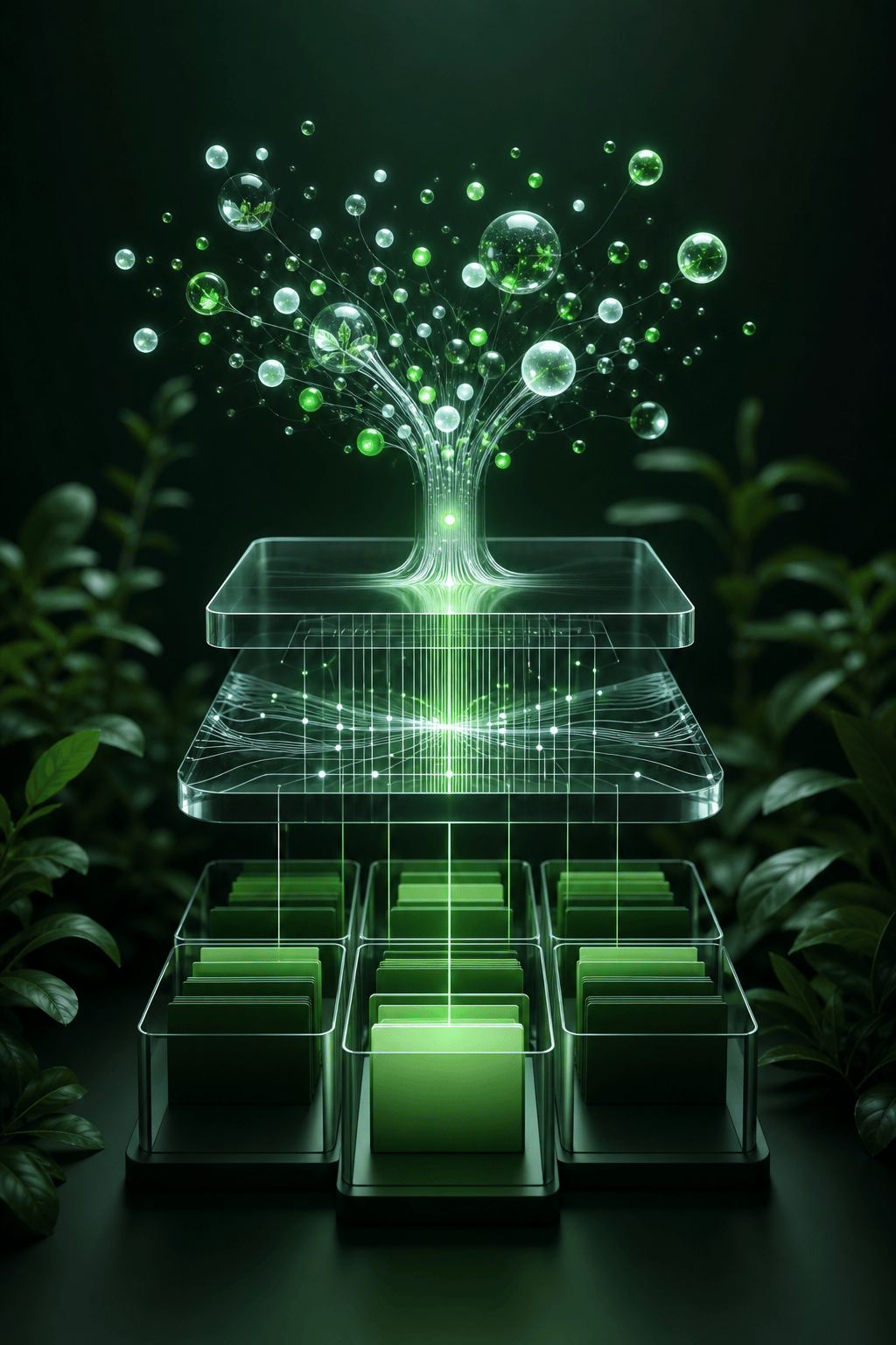 A luminous data tree growing from a measurable digital foundation