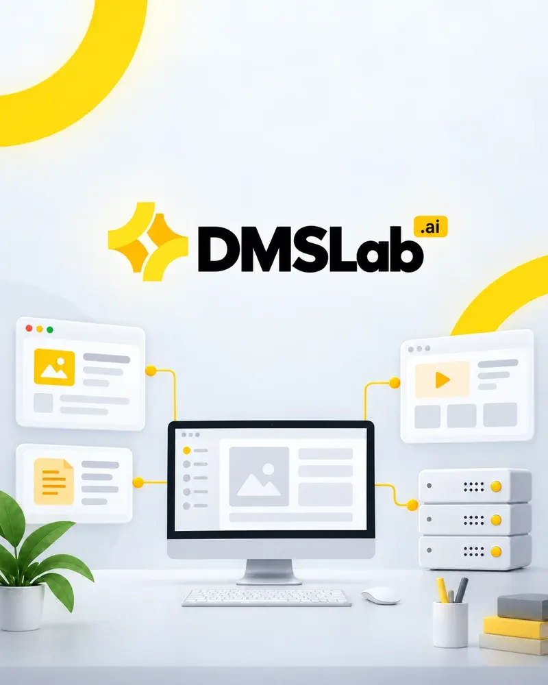 DMSLab.ai logo above a monitor, connected application panels and a compact server illustration