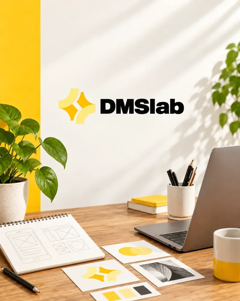 DMS Lab logo above a laptop, wireframe notebook and design cards in a yellow-accented studio
