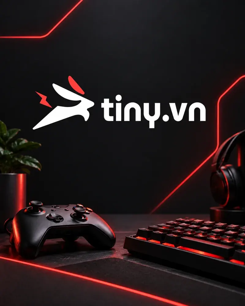 Tiny.vn logo above a controller, keyboard and headphones on a red-lit gaming desk