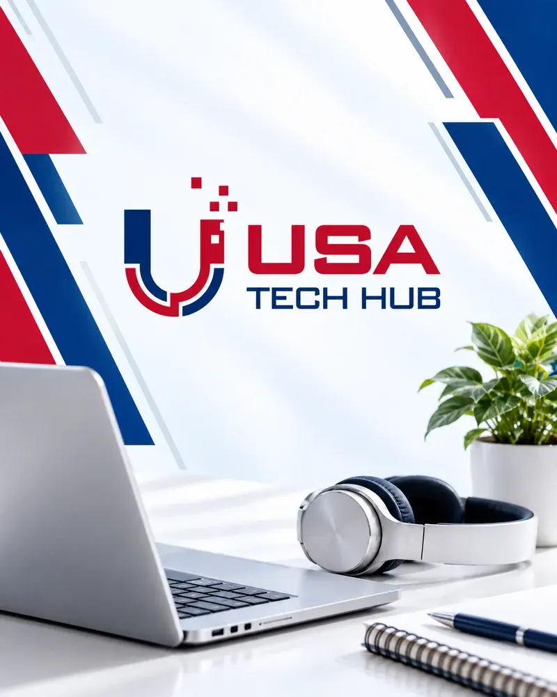 USA TECH HUB logo above a laptop and headphones in a red, navy and white workspace