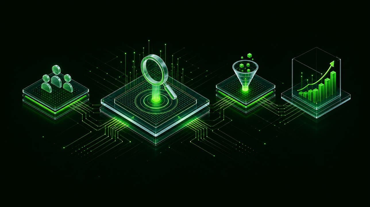 Illustrative SEO1 system connecting search work and commercial measurement