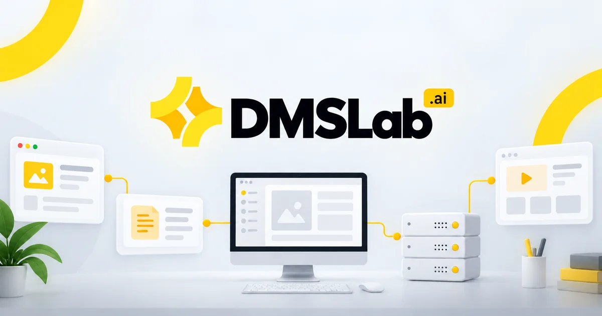 DMSLab.ai logo above a monitor, connected application panels and a compact server illustration