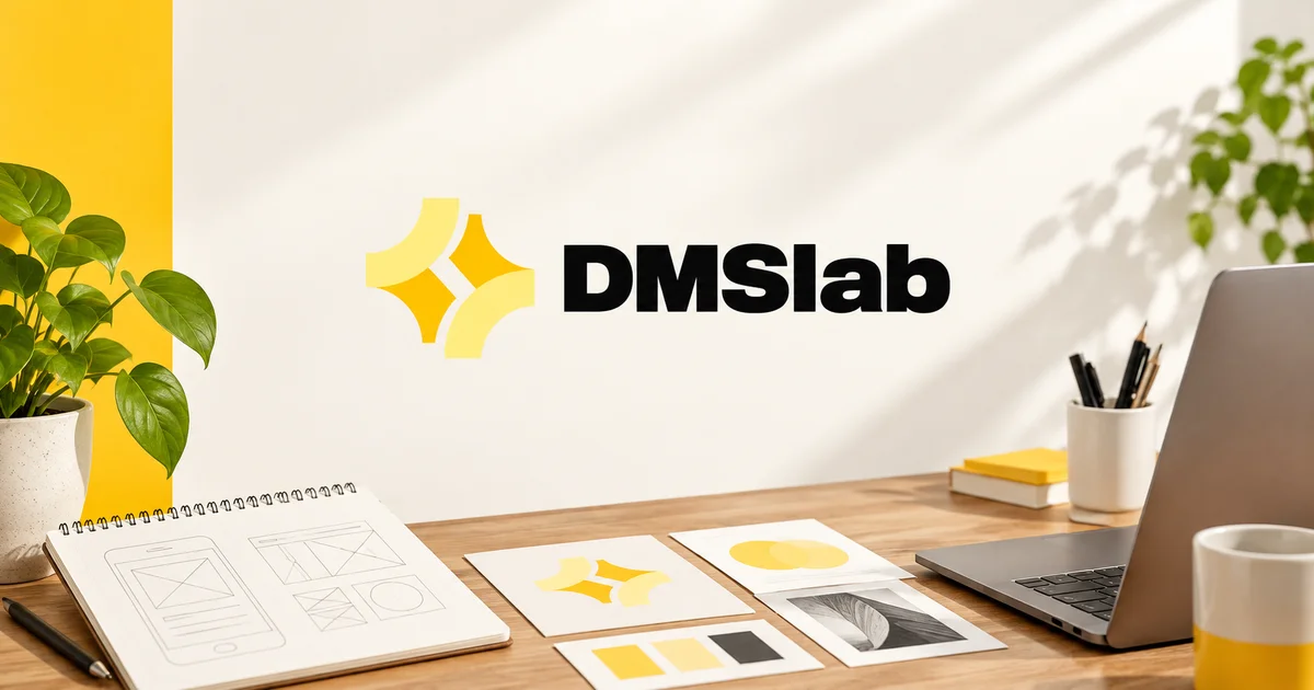 DMS Lab logo above a laptop, wireframe notebook and design cards in a yellow-accented studio