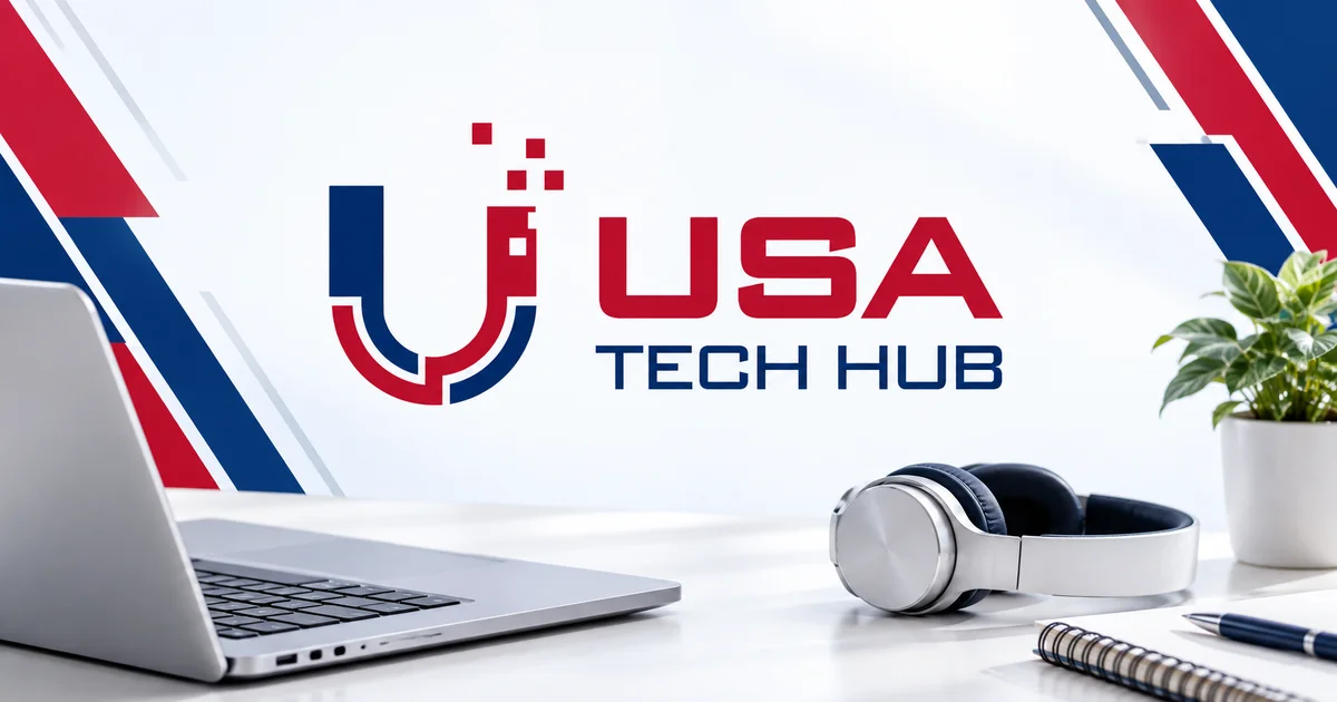 USA TECH HUB logo above a laptop and headphones in a red, navy and white workspace